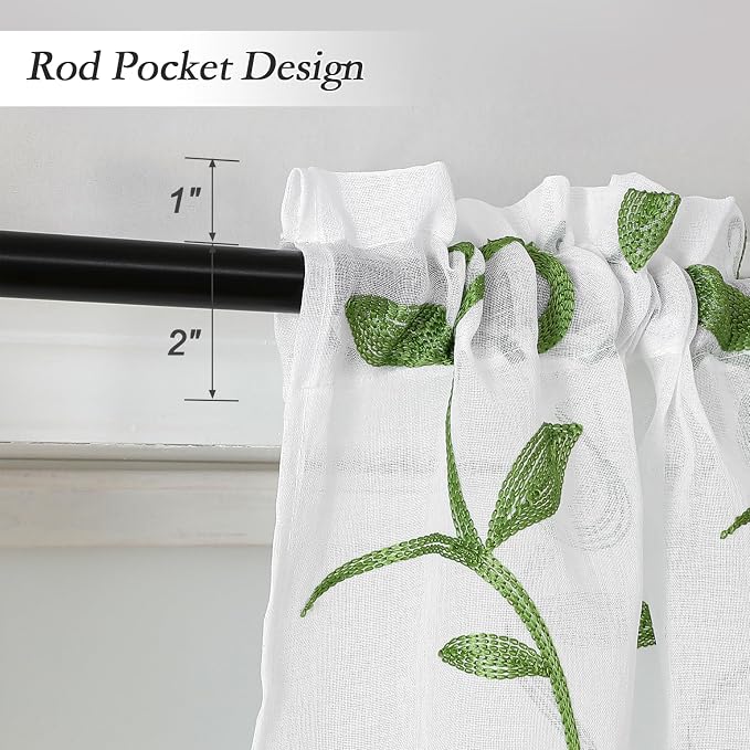 Kitchen Sheer Cafe Curtains Embroidered Leaves Green 54Wx16L | Light Filtering - Image 3