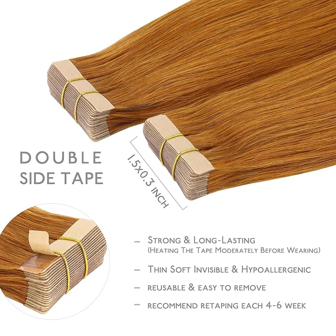 WENNALIFE Tape in Hair Extensions Human Hair, 20pcs 50g 24 inch Auburn Ginger Remy Hair Extensions Straight Skin Weft Extensiones De Cabello Humano