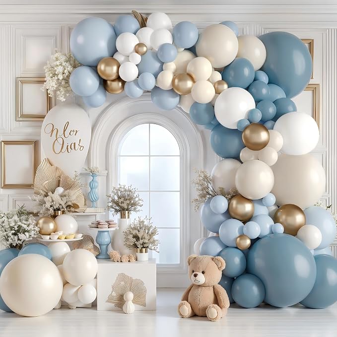 Dusty Blue White Gold Balloon Arch Kit, Light Baby Blue Sand White, Party | by Kalyerparty