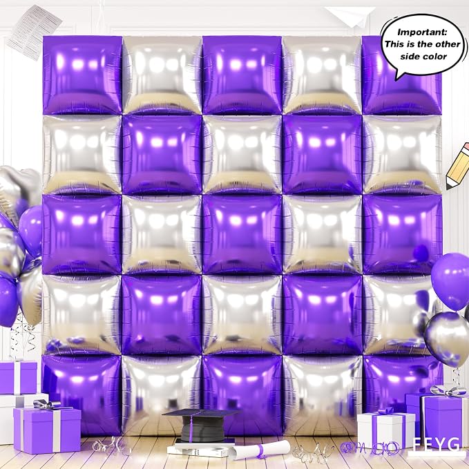 Metallic Purple Gold and Silver Double Sided Square Foil Balloons Wall - Image 3