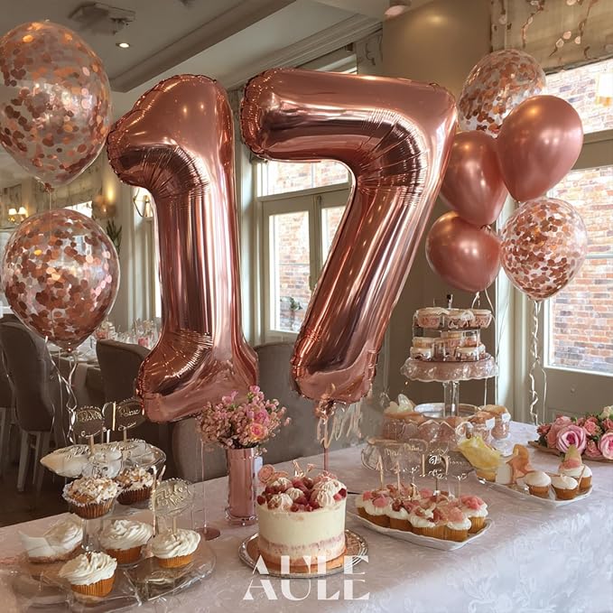 AULE 40 Inch Rose Gold 17 Balloon Number Foil 0-9 Birthday Big Numbers | - Image 4