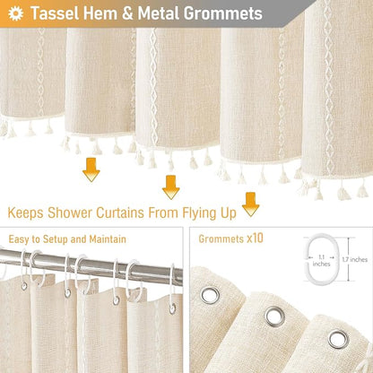 60 x 84 Boho Linen Heavy Duty Cloth Shower Curtain Set, Cream/Beige | Narrow - Image 5