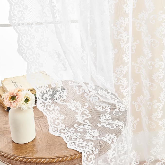 White Lace Curtains 96 Inches Long 2 Panels Vintage Paisley by FOLKSIDEHomeDecoration
