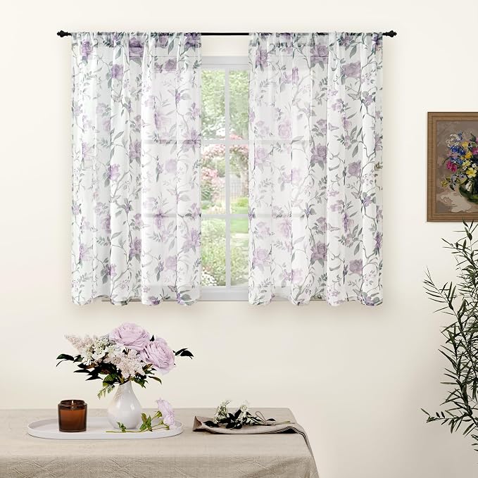 Sheer Curtains 45 Inch Length 2 Panels Set, Lavender Floral Patterned Linen by Lajode