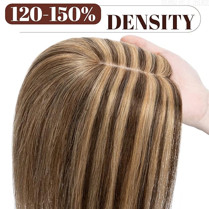 SEGO Real Human Hair Topper for Women, No Bangs Hair Topper with Anti-Slip Clips (14 Inches Medium Brown Mix Dark Blonde)