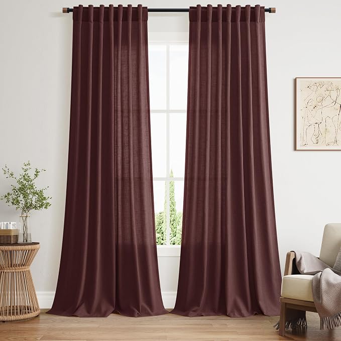 Reddish Brown Linen Blend Light Filtering Back Tab Curtains 108 Inches Long by Nanspring