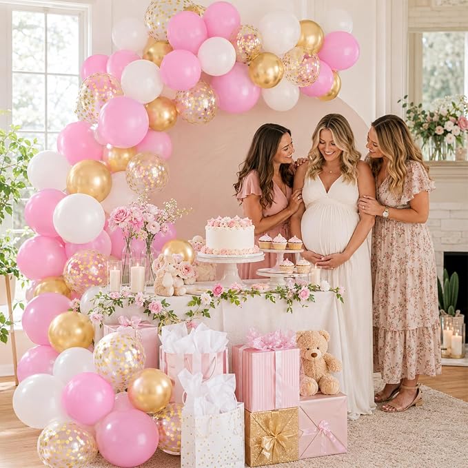 Pink Gold Balloons, Metallic Gold Confetti Latex Balloons, Women Girls Princess - Image 3
