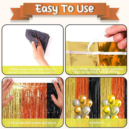 Voircoloria Black Gold Orange Fringe Backdrop Curtains, 3 Pack | Tinsel - Image 4
