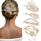 4PCS Metal Twisted Hair Claw Clips Set, Rhinestone Pearl Butterfly & Floral Hair Clamps, Medium/Thin Hair Accessories Barrettes Non Slip Jaw Hair Claw Metal Sparkly Flat Hairclips for Women