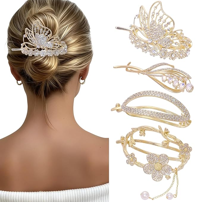 4PCS Metal Twisted Hair Claw Clips Set, Rhinestone Pearl Butterfly & Floral Hair Clamps, Medium/Thin Hair Accessories Barrettes Non Slip Jaw Hair Claw Metal Sparkly Flat Hairclips for Women