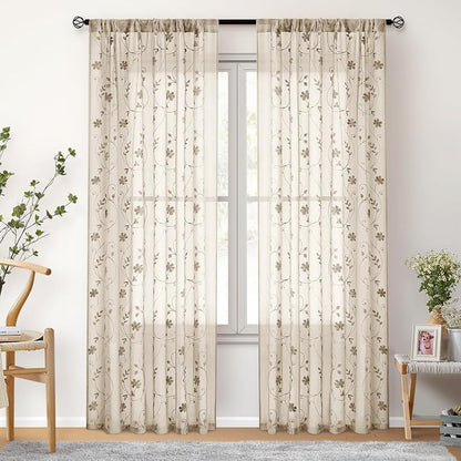 HOMEIDEAS Taupe Sheer Curtains 96 Inches Long 2 Panels Beige Embroidered Floral - Image 7