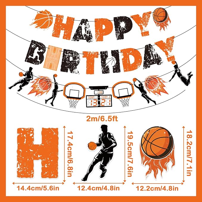 SUNBEAUTY Basketball Happy Birthday Banner Basket Ball Themed Party Decorations - Image 3
