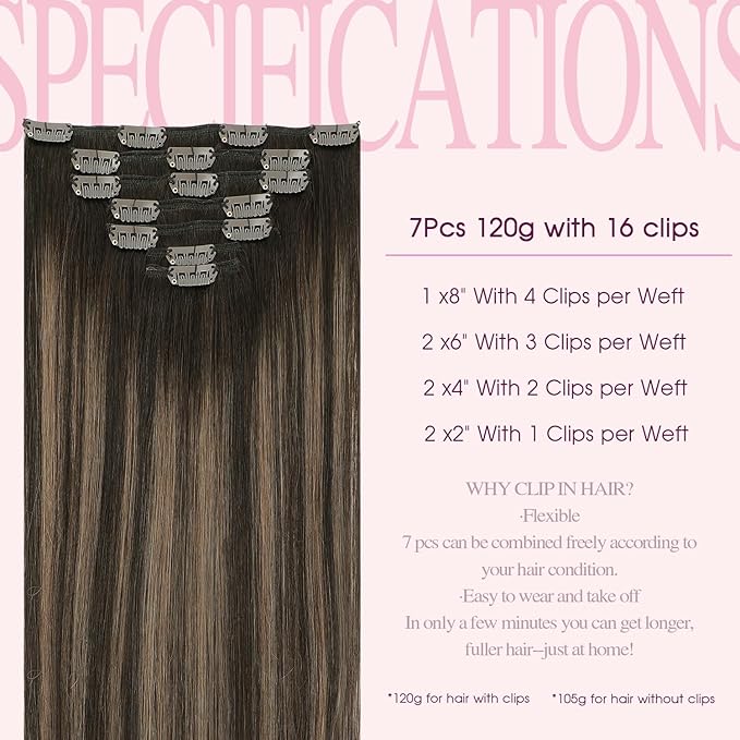 PINKPEARL Clip in Hair Extensions Human Hair Extensions, #2/6/2 Balayage Dark Brown to Chestnut Brown 120g 7pcs 20 Inch Real Human Hair Extensions Clip in Straight Remy Silky Weft(#2/6/2-20)
