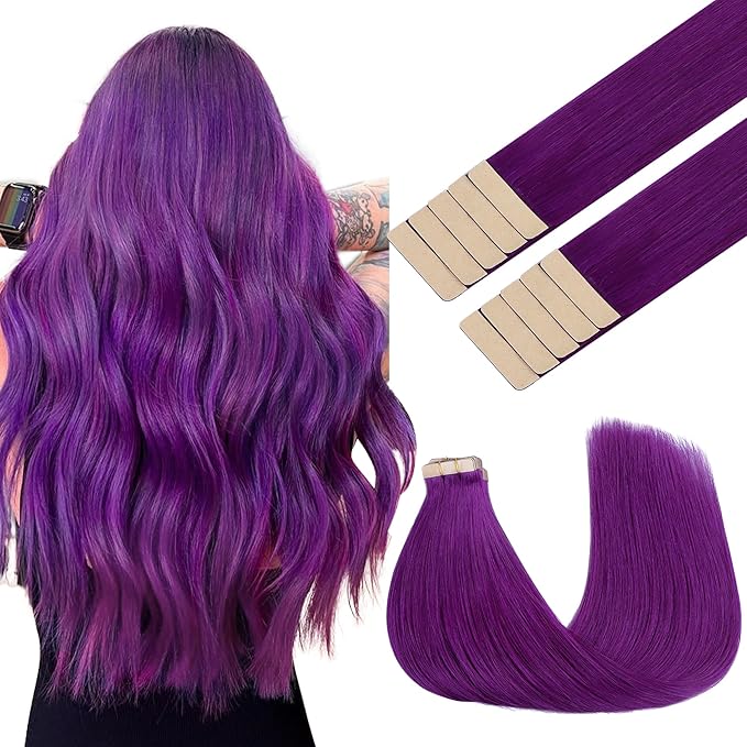 GOO GOO Tape in Hair Extensions Human Hair, Purple, 22inch 30g 10pcs, Colored Tape ins Human Hair Extensions, Silky&Soft Invisible Tape Ins, Hair Highlighted for Party