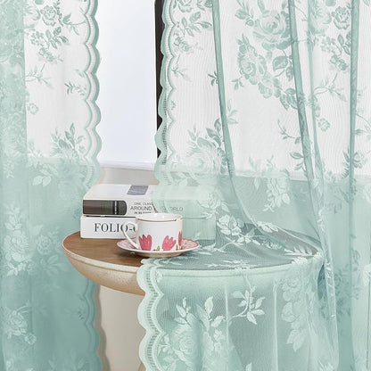 Pastel Turquoise Lace Curtains 63 Inch Length 2 Panels Aqua Floral Sheer - Image 3