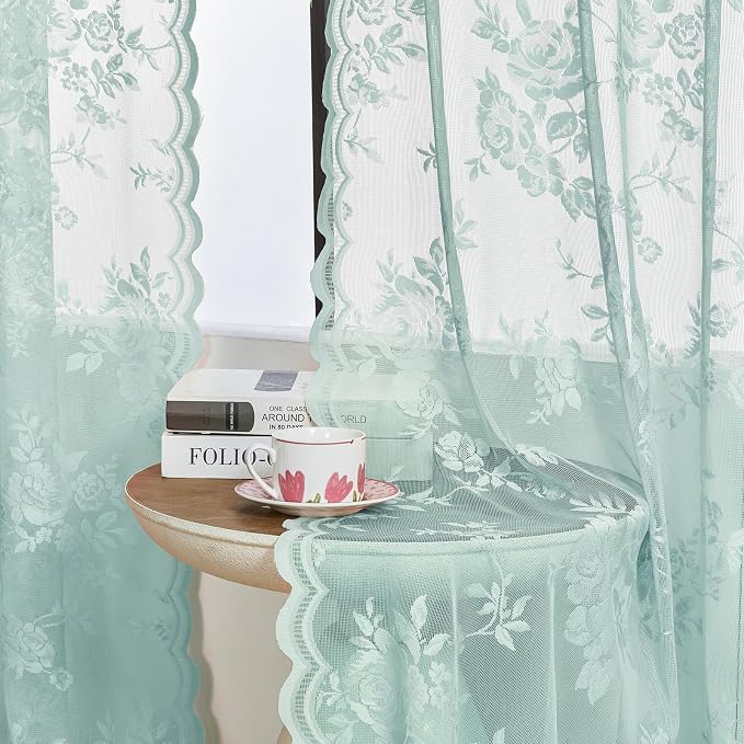 Pastel Teal Lace Curtains 96 Inches Long Aqua Floral Curtains - Image 2