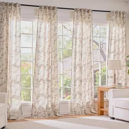 Taupe Vintage Floral Linen Curtains Farmhouse 38W X 90L 2 Panels | Elisa Series - Image 7