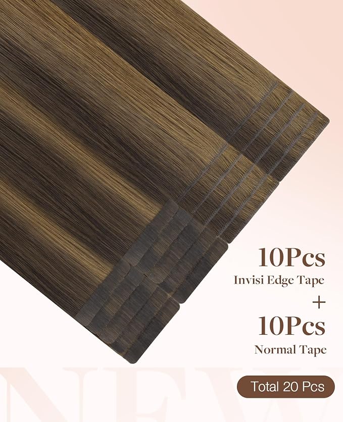 GOO GOO Invisi Edge Tape in Hair Extensions Human Hair, 2C/4E/6C Brown Sugar Swirl Highlights 10pcs injected with 10pcs classical tape ins, 16inch 50g, Virgin Remy Hair, Natural Look