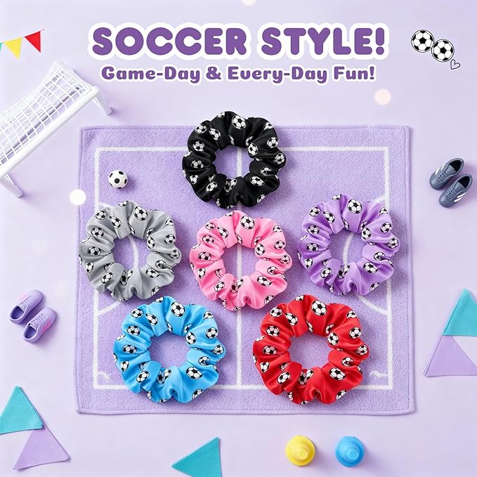 Soccer Hair Scrunchies, 12 Pieces Colorful Football Pattern Hair Ties, Elastic Ponytail Holders, Sports Team Accessories for Girls Women Players Coaches