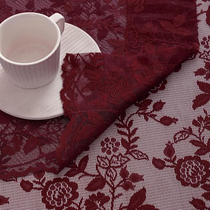 Short Burgundy Lace Curtains Rustic Leaf Floral W42 x L45 Inch 2 Panels | Rod - Image 8