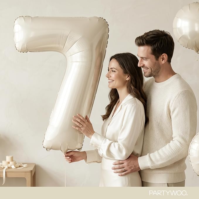 PartyWoo Beige Number 7 Balloon 40 Inch 25pcs White Sand Foil Star Gold | Foil - Image 9