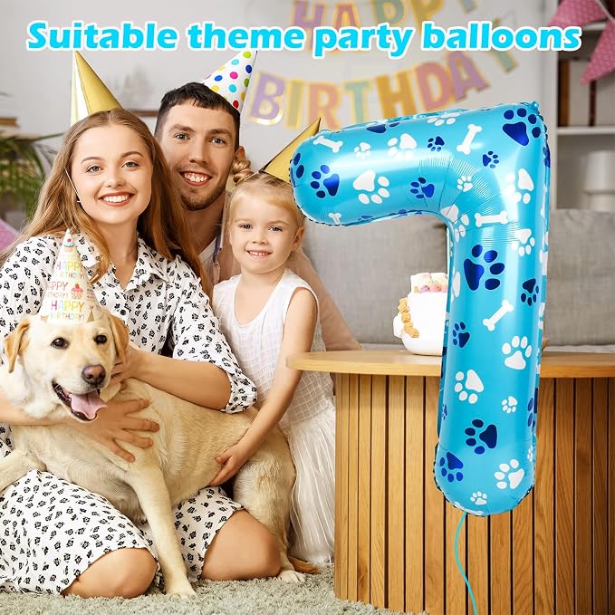 40 Inch Blue Dog Paw Birthday Balloons, Number 7 Balloons - Image 3