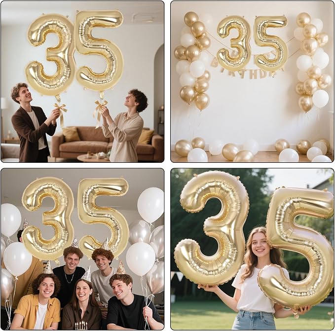 Champagne Large Number 35 Balloon, 40 Inch Light Gold Foil Helium Number - Image 7