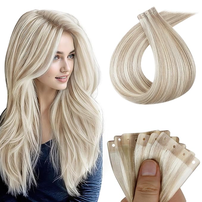 Full Shine Holed Human Hair Tape in Extensions 18P613 Ash Blonde Highlight Blonde 20Pcs 30G Invisible Seamless 12Inch Skin Weft Tape Extensions Human Hair for Women Wedding Soft Remy Hair Extensions