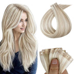 Full Shine Holed Human Hair Tape in Extensions 18P613 Ash Blonde Highlight Blonde 20Pcs 30G Invisible Seamless 12Inch Skin Weft Tape Extensions Human Hair for Women Wedding Soft Remy Hair Extensions