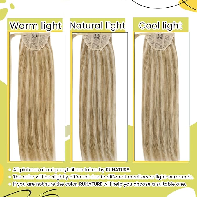 RUNATURE Ponytail Extension Human Hair Blonde, Real Hair Ponytail Extension, Human Hair Ponytail Wrap Around, Remy Natural Hair Tangle Free, 18 Inch 80g #16P22 Dark Ash Blonde Highlight Light Blonde