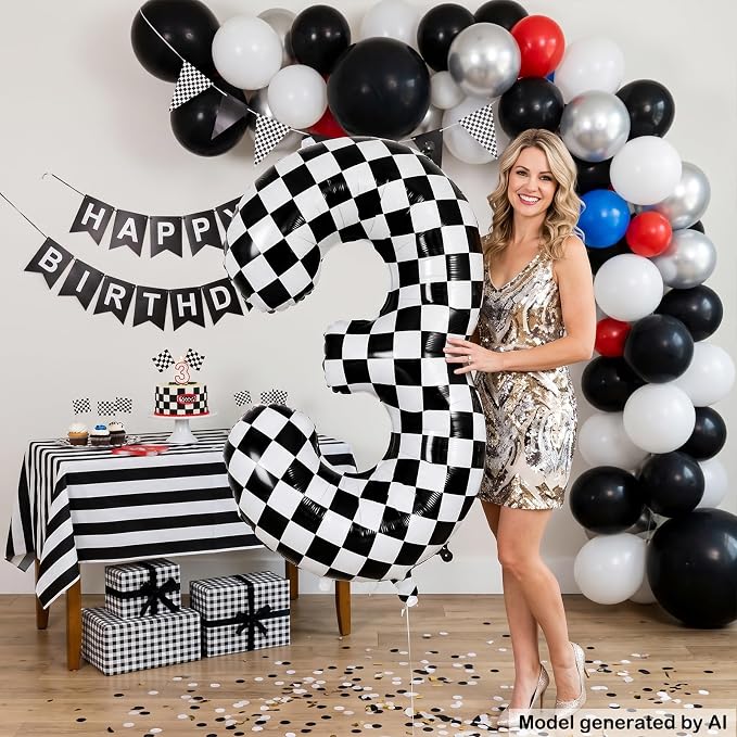 40" Checkered Number 3 Balloon for 3th Race Theme Birthday Party Supplies | 40 - Image 4