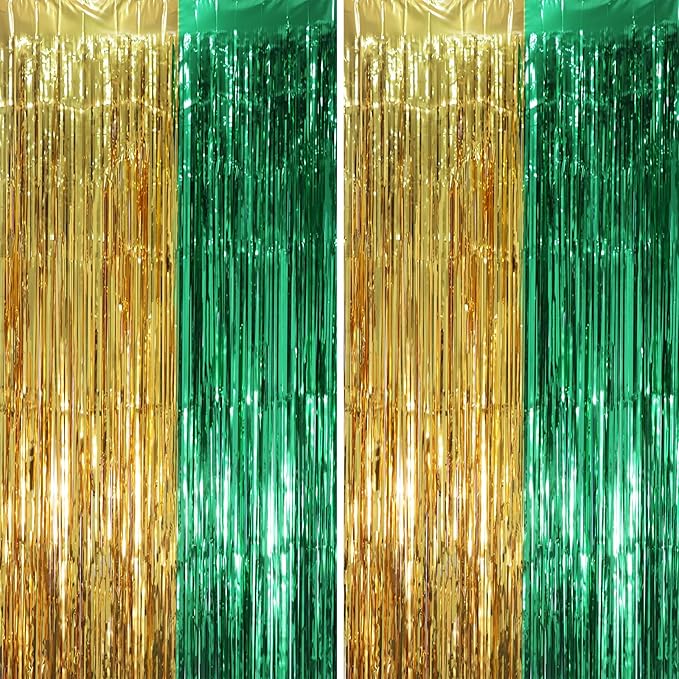 Voircoloria Green Gold Foil Fringe Backdrop Curtains, 2 Pack | Tinsel Streamers by Voircoloria