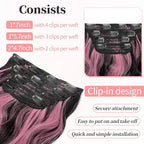 KooKaStyle Clip in Hair Extensions 4PCS Long Wavy Natural & Soft Hairpieces for Women 24 Inch for Women(Natural Black Pink)