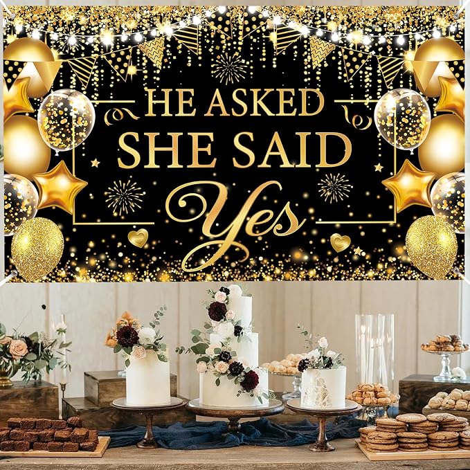 Gold Engagement Party Decorations Black Gold Engagement Banner Backdrop He - Image 3