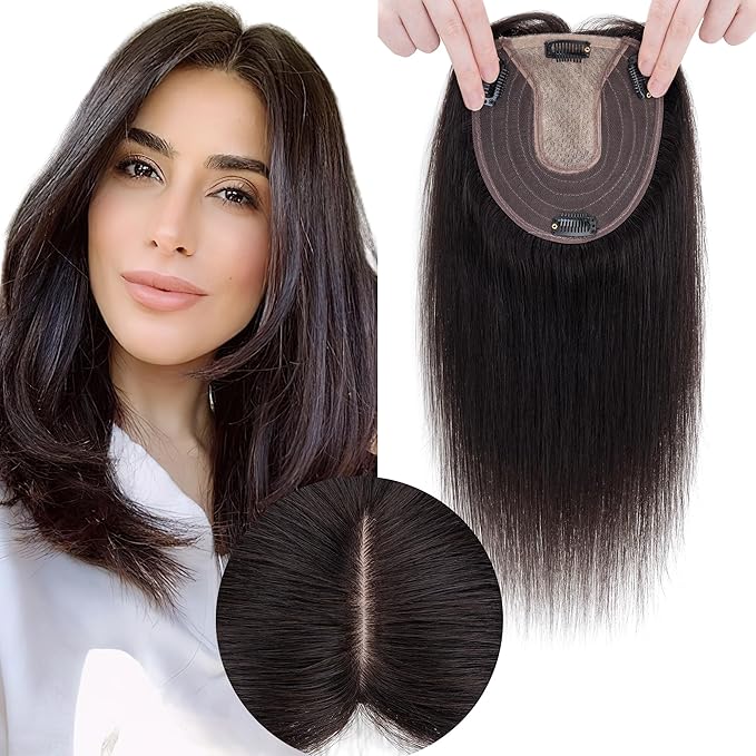 Hair Toppers for Women Real Human Hair No Bangs, 13 * 15 cm Larger Silk Base 150% Density Clip In Topper Hairpieces, Wiglet Top Pieces Add Volume -12 Inch 01B Natural Black
