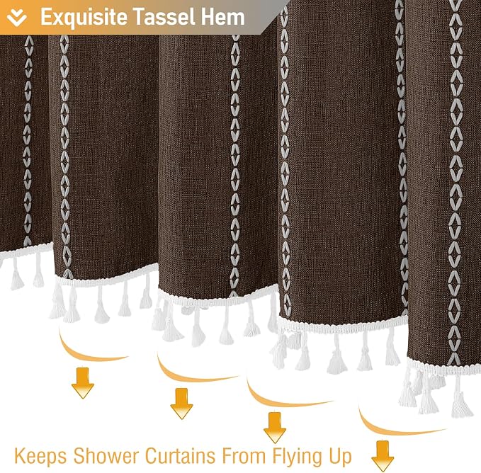 Brown Boho Farmhouse Linen Heavy Duty Cloth Shower Curtain Set, 72x72 | 330GSM - Image 6