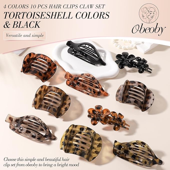 Obeoby 10 Pcs Flat Hair Clips for Women, 3 Styles French Flat Claw Clips for Thin Thick Hair, Medium Duckbill No Slip Hair Accessories Barrettes Girls（Tortoiseshell）