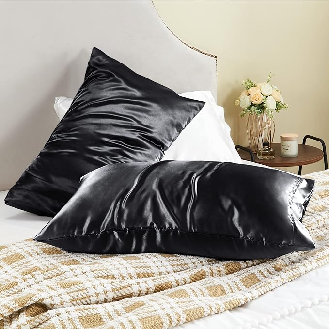 BEDELITE Satin Pillowcase for Hair and Skin, Super Soft and Cooling Similar to Silk Pillow Cases 2 Pack with Envelope Closure, Gift for Women Men(20"x36" King Size, Black)