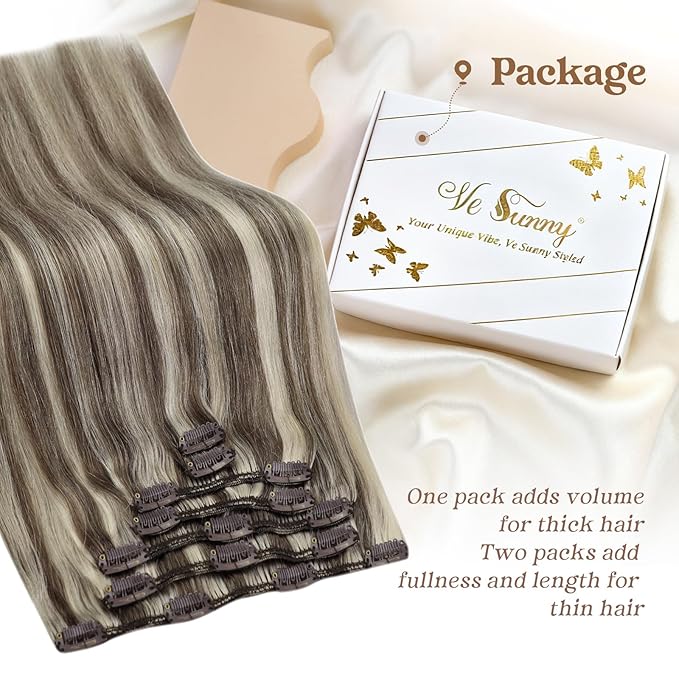 Ve Sunny Clip in Hair Extensions Real Human Hair Highlights Clip in Extensions Light Brown Mix Platinum Blonde Clip on Hair Extensions for Women Straight Hair 7pcs 20inch 120g