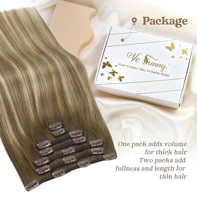 Ve Sunny Clip in Hair Extensions 22inch Real Hair Clip in Extensions Ombre Human Hair Extensions Clip ins Dark Brown to Light Brown with Blonde Balayage Winter Clip on Hair Extensions 120g 7pcs