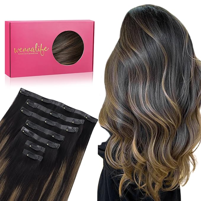 WENNALIFE Seamless Clip In Hair Extensions Human Hair, 24 Inch 160g 7pcs Natural Black Mixed Chestnut Brown Hair Extensions Clip in Human Hair Invisible PU Skin Weft Natural Remy Human Hair Extensions