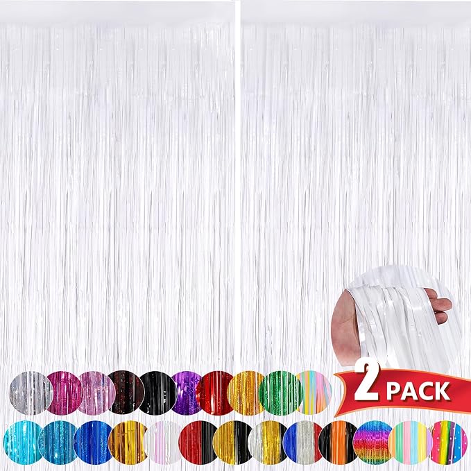 White Metallic Tinsel Foil Fringe Curtains, 2 Pack 3.3x8.3 Feet Streamer by NUWDHP