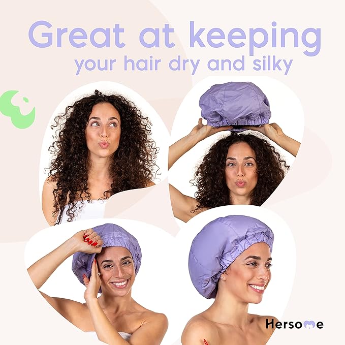 2 Premium Shower Cap for Women - 500+ Showers, 100% Waterproof, Double-Sided, For Long Hair & Great For Curls (Anti-Frizz) (Black & Purple)