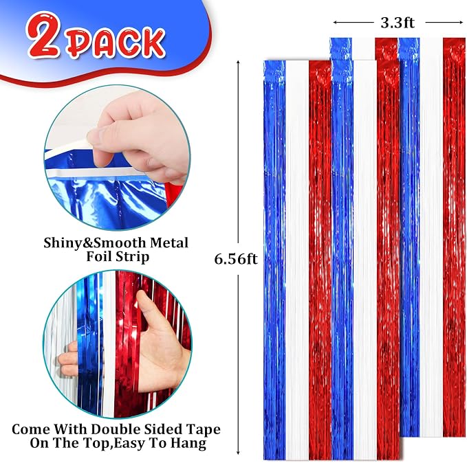 Voircoloria Red White Blue Foil Fringe Backdrop Curtains, 2 Pack | Tinsel - Image 3