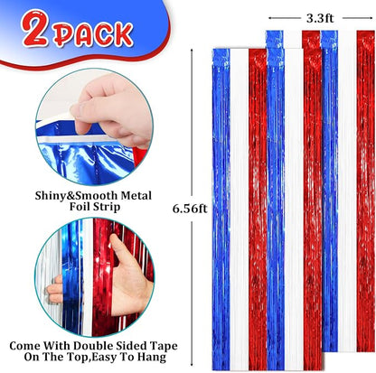 Voircoloria Red White Blue Foil Fringe Backdrop Curtains, 2 Pack | Tinsel - Image 3