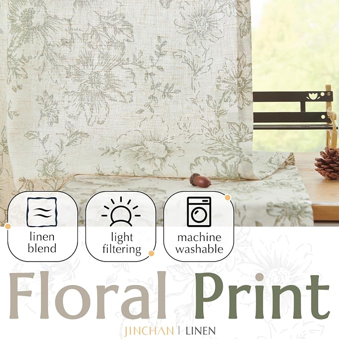 jinchan Green Floral Linen Curtains 63 Inch Farmhouse Back Tab 2 Panels | Light - Image 4