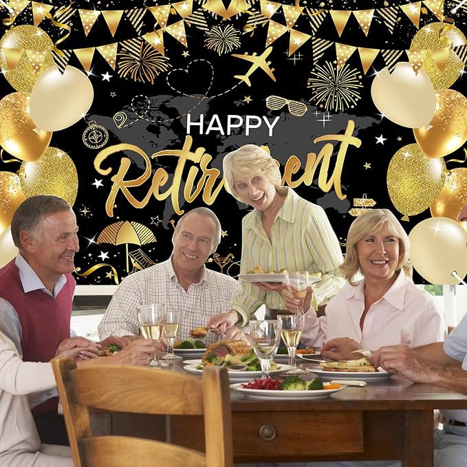 Mocsicka Retirement Party Decorations Black and Gold Happy Retirement Backdrop - Image 8