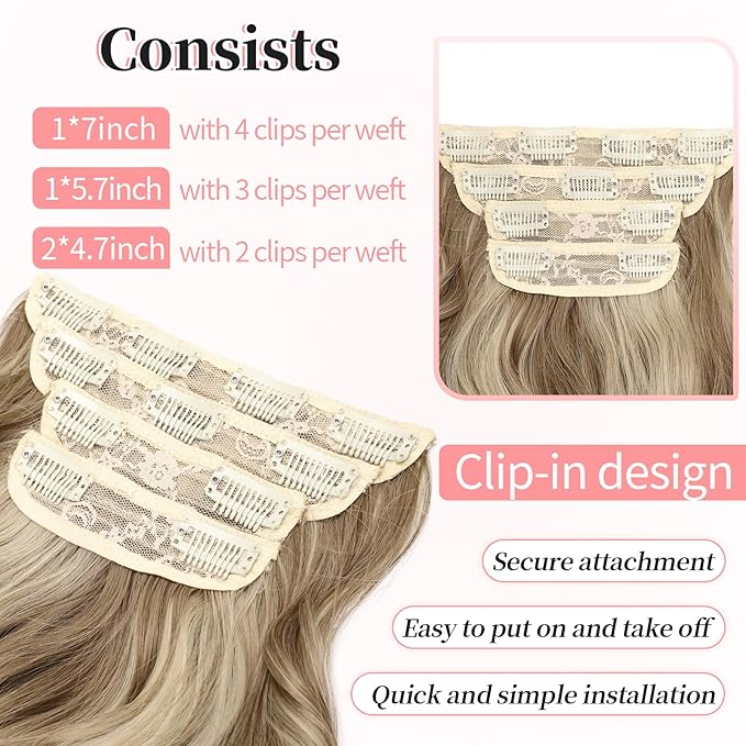 KooKaStyle Clip in Hair Extensions Long Wavy 4PCS Thick Hairpieces Synthetic Ash Blonde Balayage Fiber Double Weft Natural Hair Extensions for Women 24 Inch Daily Use
