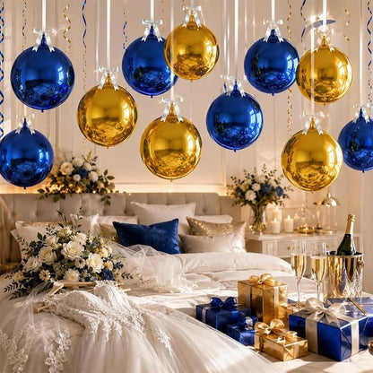 9 Pcs Blue Gold Round Foil Balloons Dark Navy Blue Metallic Gold Chrome 4D Ball - Image 7