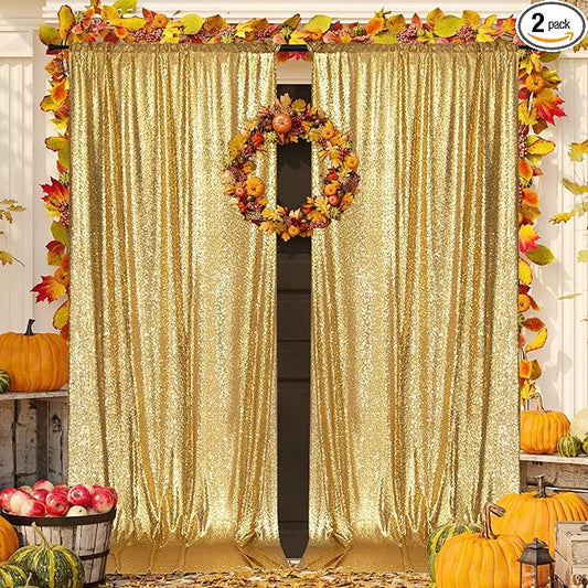 PartyDelight Gold Sequin Backdrop Curtains 5x10ft 2 Sparkly Panels | 4 Inch Rod by PartyDelight